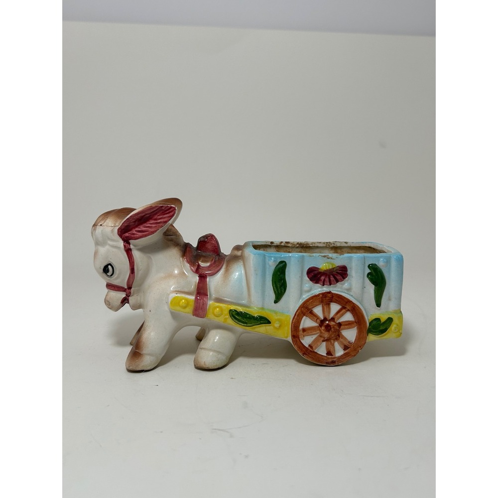 Vintage Relpo Donkey Pulling Cart Ceramic Planter Hand‎ Painted Japan Kitsch